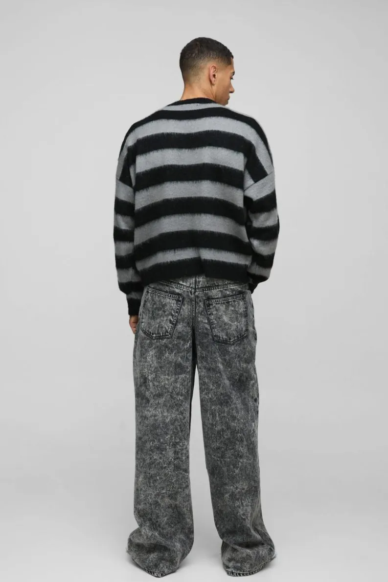 Store boohooMAN Boxy Brushed Stripe Print Knitted Jumper black