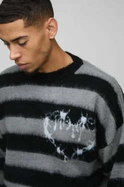Store boohooMAN Boxy Brushed Stripe Print Knitted Jumper black