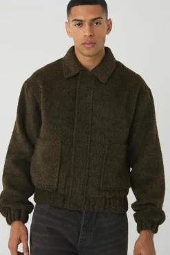 Best Sale boohooMAN Boxy Brushed Wool Look Harrington Jacket In khaki