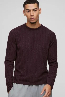 Sale boohooMAN Boxy Cable Long Sleeve Sweatshirt plum