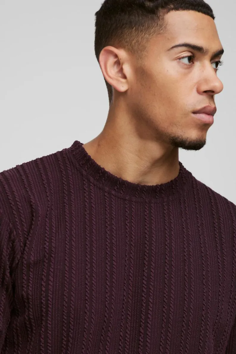 Sale boohooMAN Boxy Cable Long Sleeve Sweatshirt plum