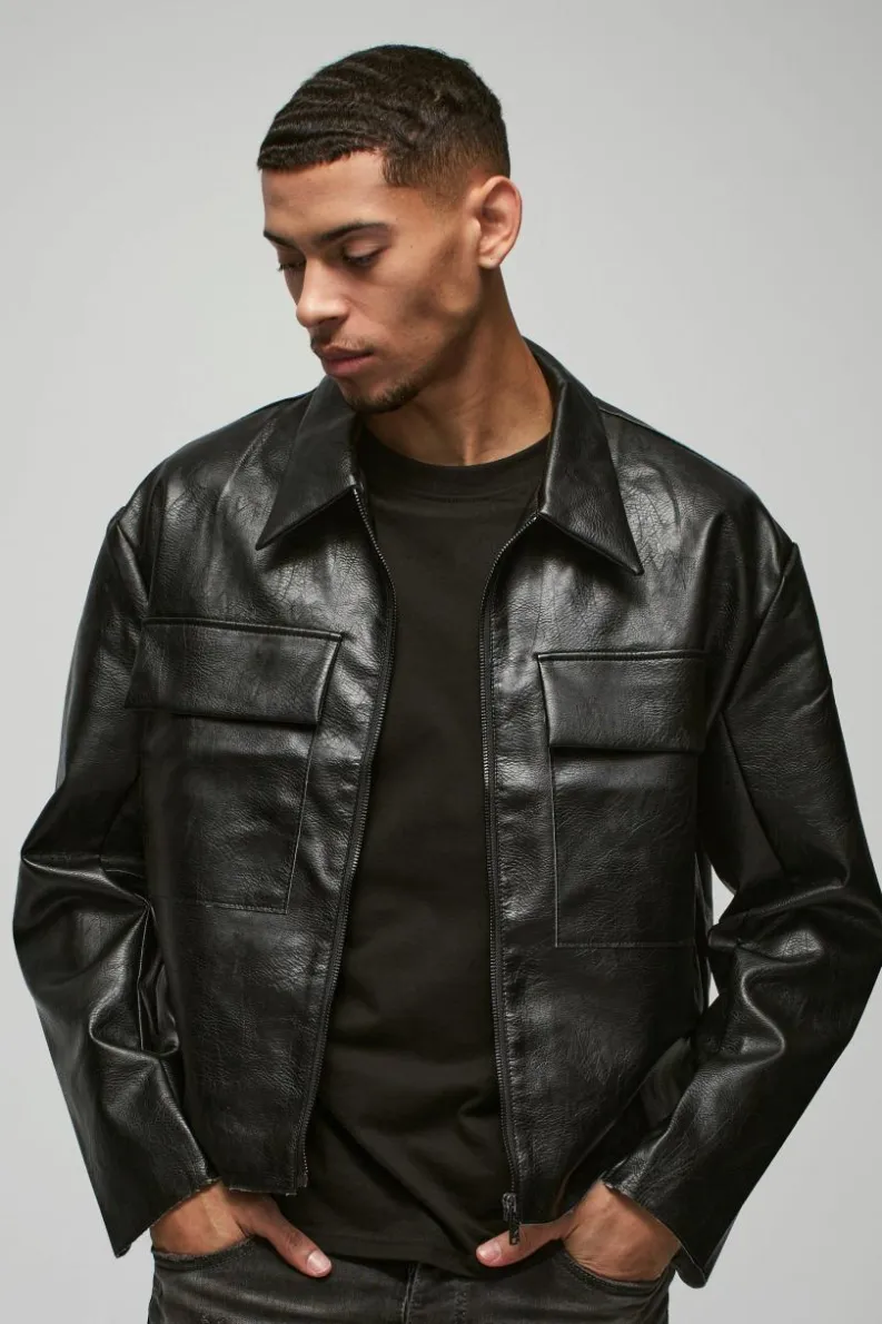 Discount boohooMAN Boxy Collared Pu Harrington With Raw Edge Detail In black