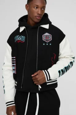 Shop boohooMAN Boxy Collared Twill Varsity Bomber Jacket In black