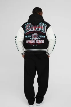 Shop boohooMAN Boxy Collared Twill Varsity Bomber Jacket In black