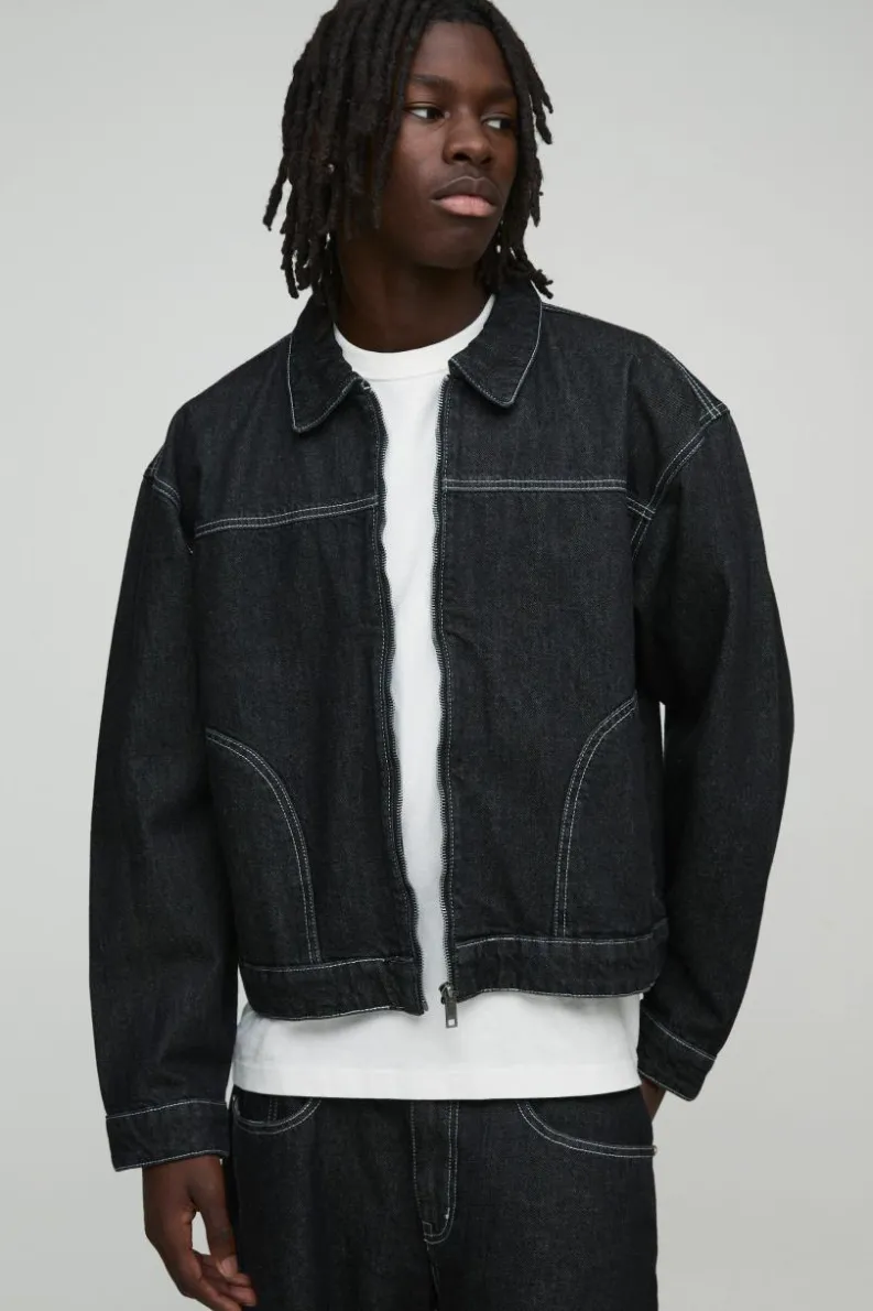 Discount boohooMAN Boxy Contrast Stitch Denim Jacket black