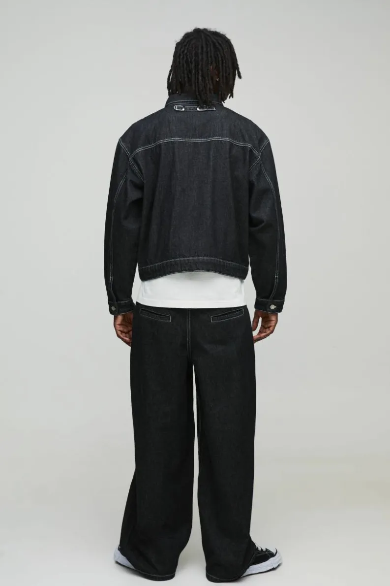 Discount boohooMAN Boxy Contrast Stitch Denim Jacket black