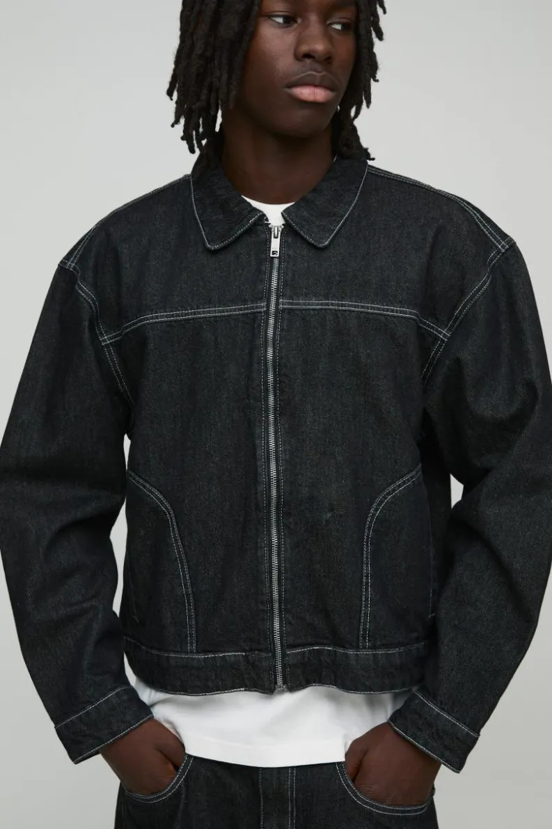 Discount boohooMAN Boxy Contrast Stitch Denim Jacket black