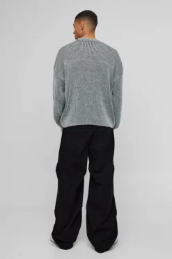 Outlet boohooMAN Boxy Crew Neck Dropped Shoulder Plated Ribbed Knit Jumper black