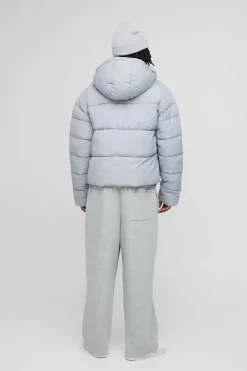 Fashion boohooMAN Boxy Crinkle Nylon Puffer In light grey