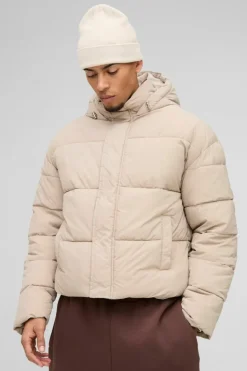 Hot boohooMAN Boxy Crinkle Nylon Puffer In sand