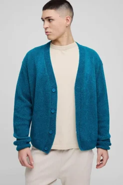 Online boohooMAN Boxy Cross Graphic Brushed Knitted Cardigan green