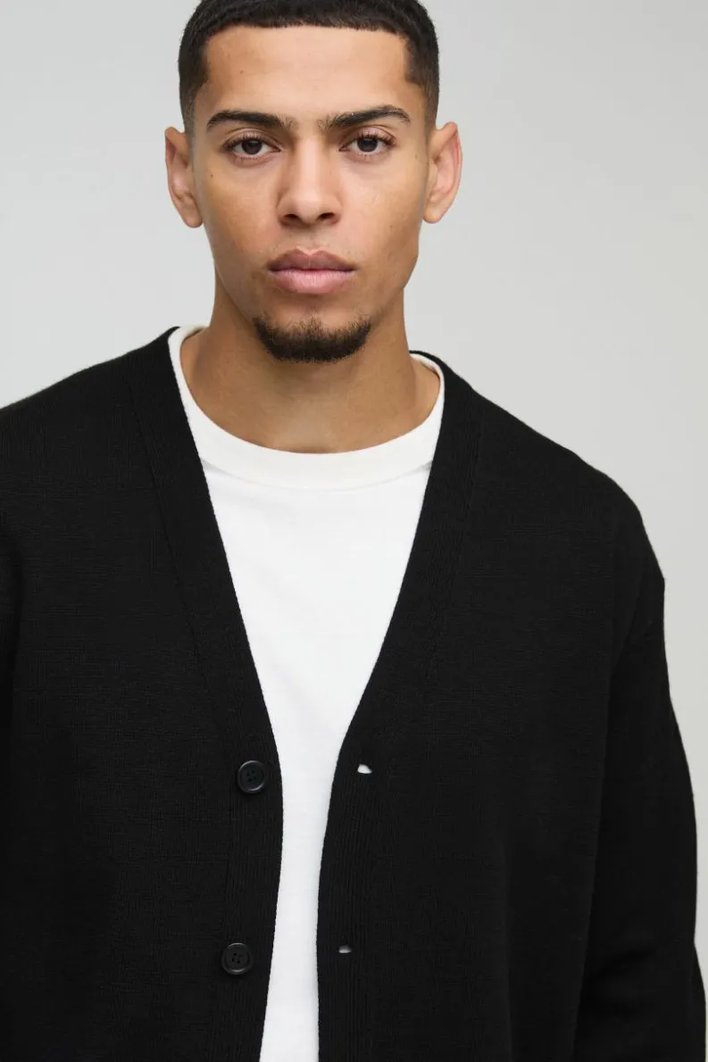 Fashion boohooMAN Boxy Cross Graphic Knitted Cardigan black
