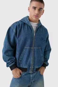 Hot boohooMAN Boxy Denim Embroidered Hoodie antique blue