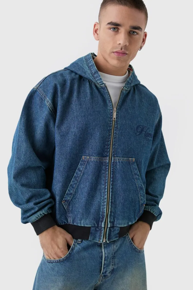 Hot boohooMAN Boxy Denim Embroidered Hoodie antique blue