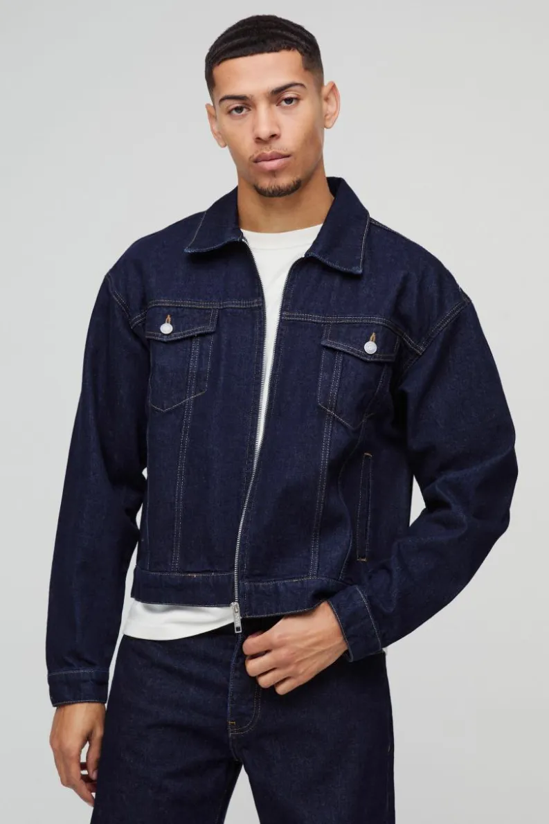 Fashion boohooMAN Boxy Denim LA Embroidery Denim Jacket indigo