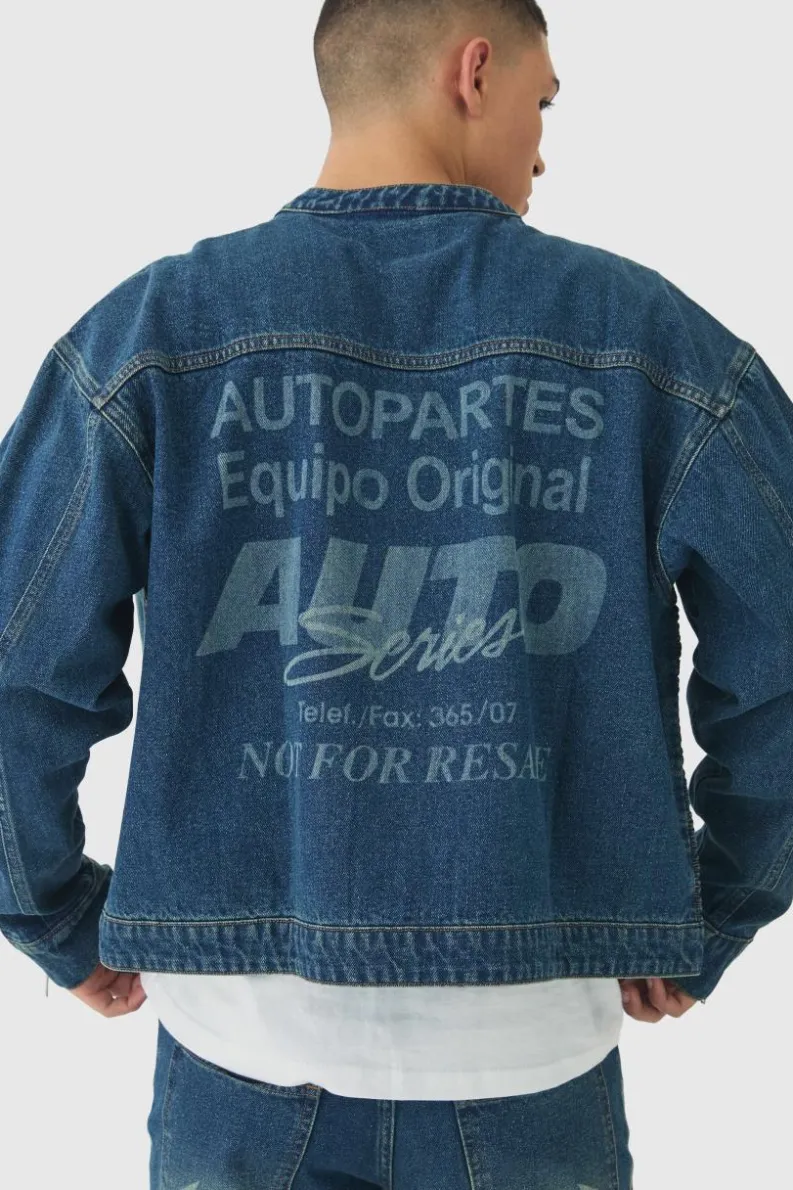 Cheap boohooMAN Boxy Denim Moto Star Laser Print Biker Jacket vintage blue