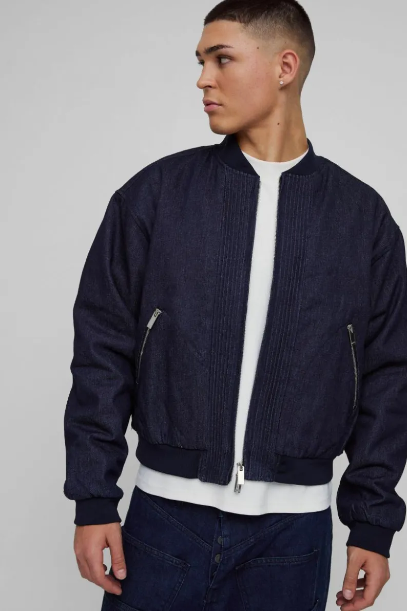 Best boohooMAN Boxy Denim Padded Bomber Jacket indigo