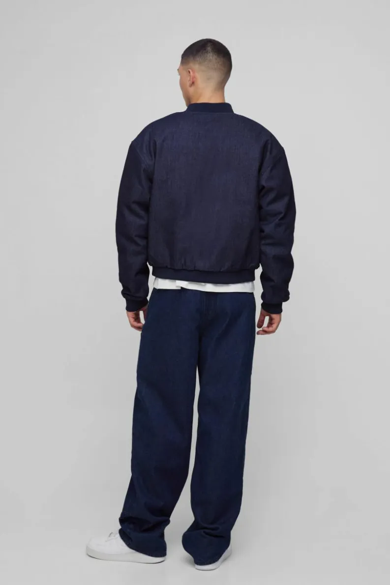 Best boohooMAN Boxy Denim Padded Bomber Jacket indigo