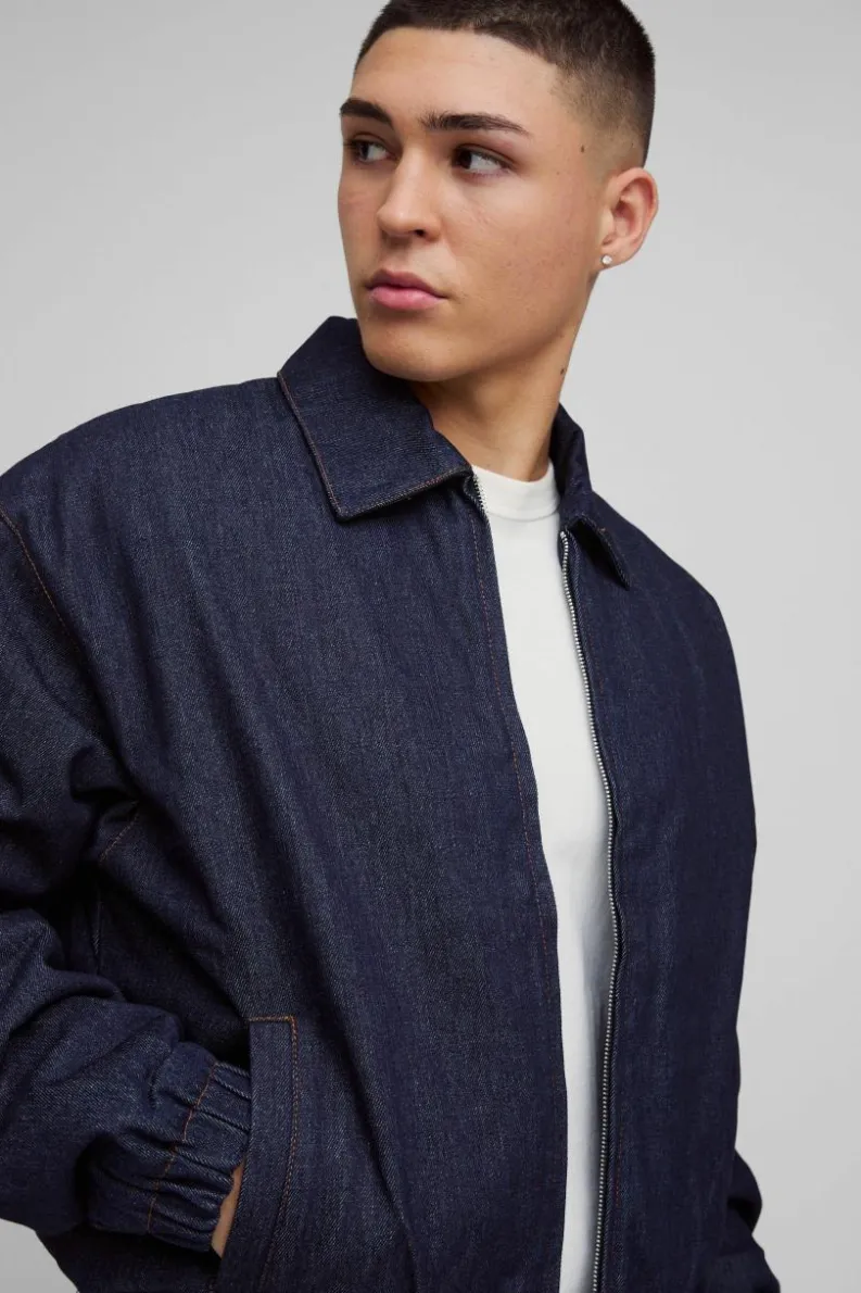 Shop boohooMAN Boxy Denim Padded Jacket indigo