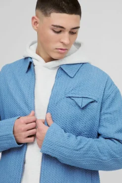 Cheap boohooMAN Boxy Denim Textured Jacket light blue
