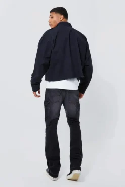 New boohooMAN Boxy Distressed Cross Applique Twill Jacket black
