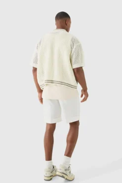 Clearance boohooMAN Boxy Dual Zip Open Stitch Colour Block Shirt stone