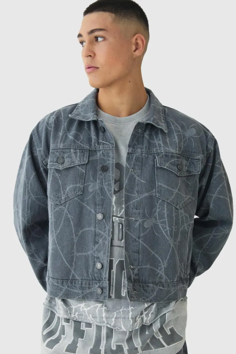 Best Sale boohooMAN Boxy Fit Barbed Wire Laser Print Denim Jacket grey