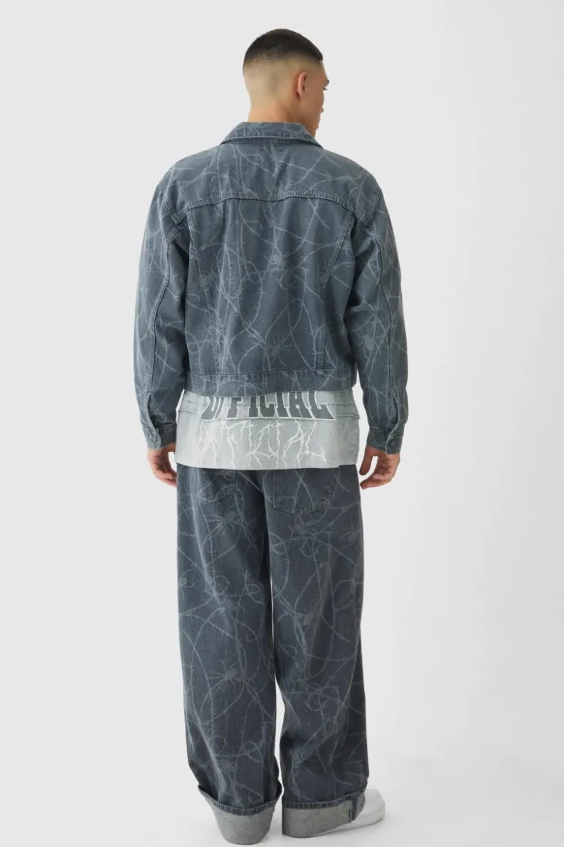 Best Sale boohooMAN Boxy Fit Barbed Wire Laser Print Denim Jacket grey