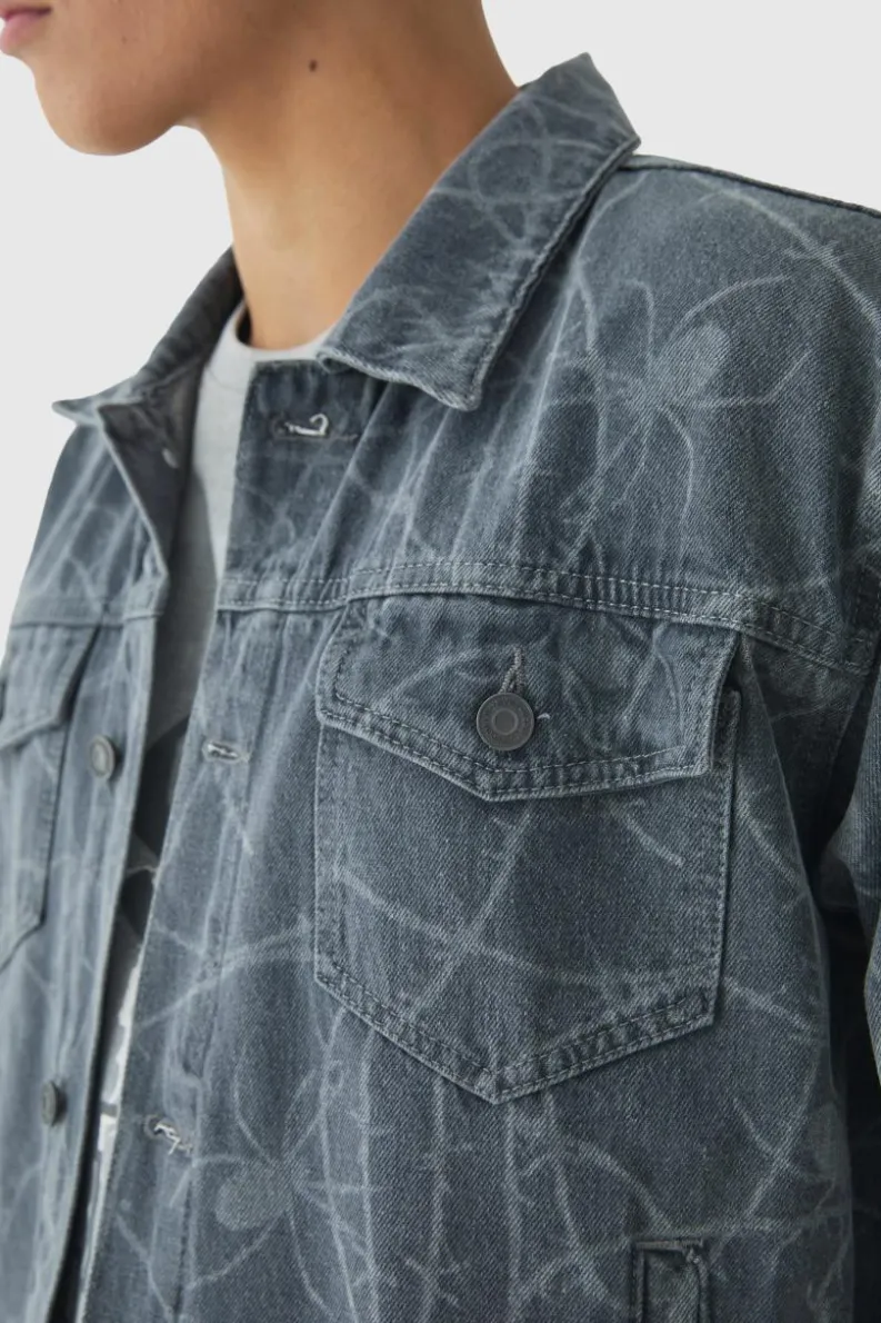 Best Sale boohooMAN Boxy Fit Barbed Wire Laser Print Denim Jacket grey