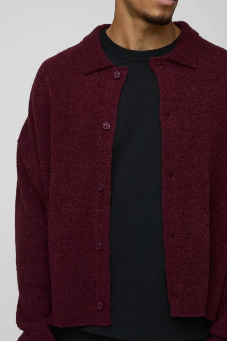 Best boohooMAN Boxy Fit Brushed Knit Cardigan burgundy