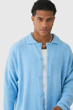 Outlet boohooMAN Boxy Fit Brushed Knit Cardigan light blue