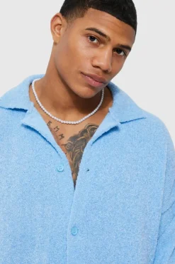 Outlet boohooMAN Boxy Fit Brushed Knit Cardigan light blue