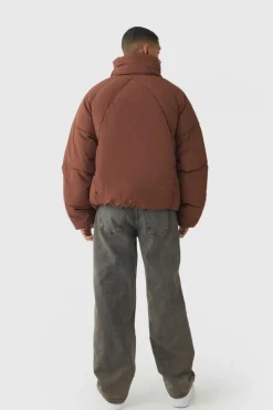 Cheap boohooMAN Boxy Fit Drawcord Quilted Funnel Neck Puffer Coat In chocolate