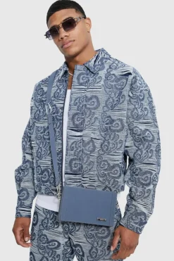 Shop boohooMAN Boxy Fit Fabric Interest Denim Jacket dark blue