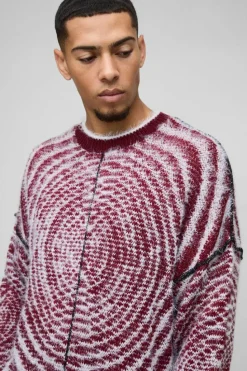 Flash Sale boohooMAN Boxy Fit Fluffy Textured Contrast Knit Jumper burgundy