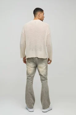 Fashion boohooMAN Boxy Fit Homme Moto Open Stitch Knit Jumper stone