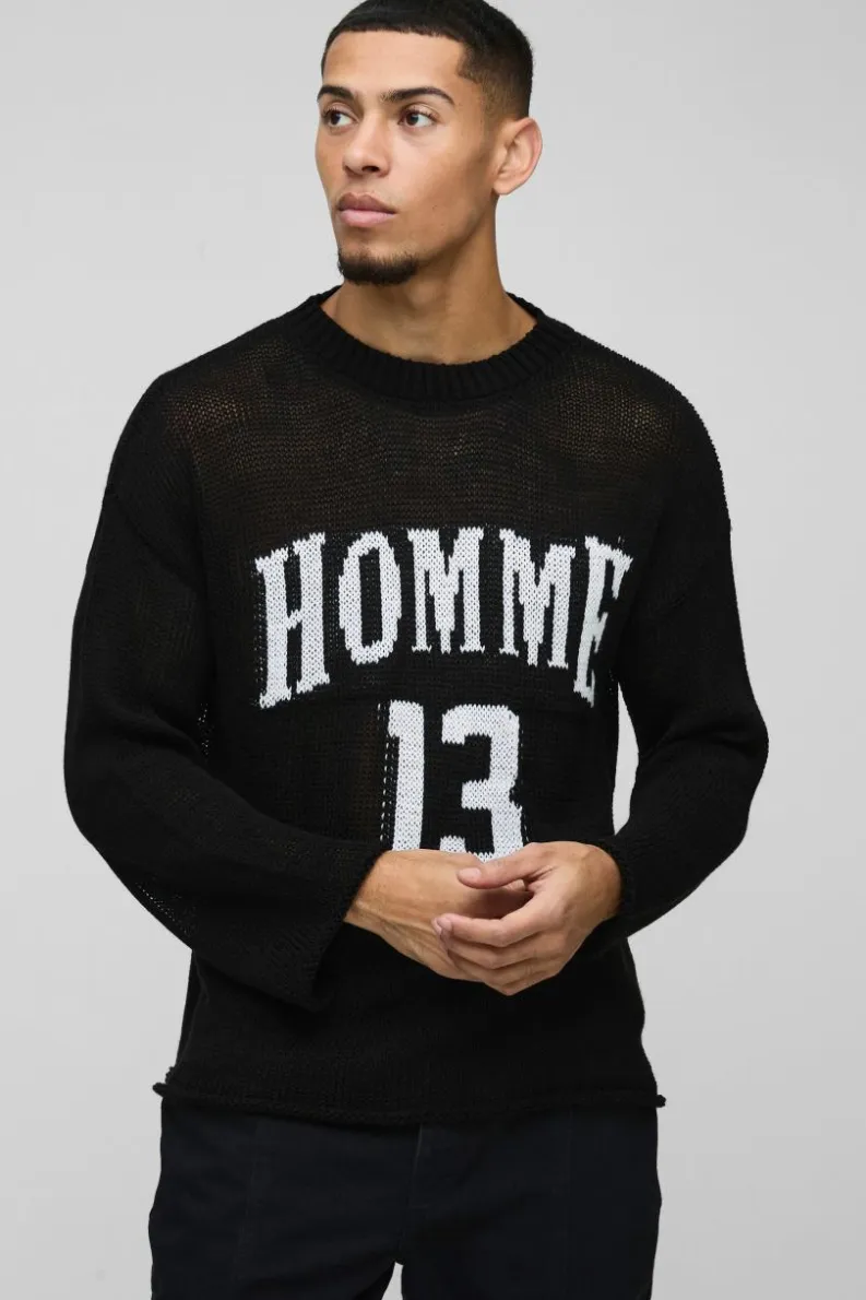 Online boohooMAN Boxy Fit Homme Moto Open Stitch Knit Jumper black