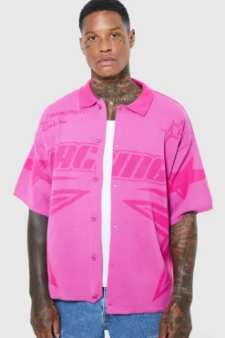 Outlet boohooMAN Boxy Fit Knitted Moto Shirt pink