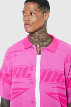 Outlet boohooMAN Boxy Fit Knitted Moto Shirt pink