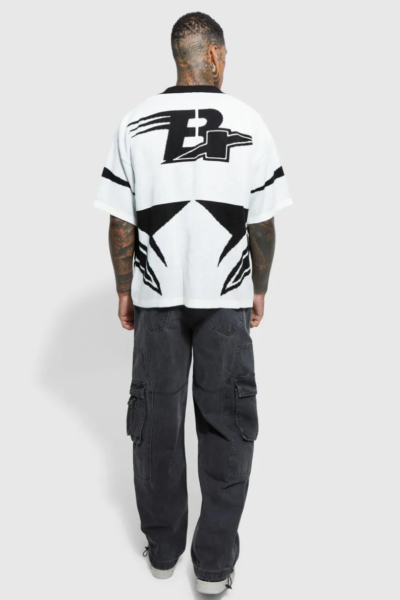 Discount boohooMAN Boxy Fit Knitted Moto Shirt white