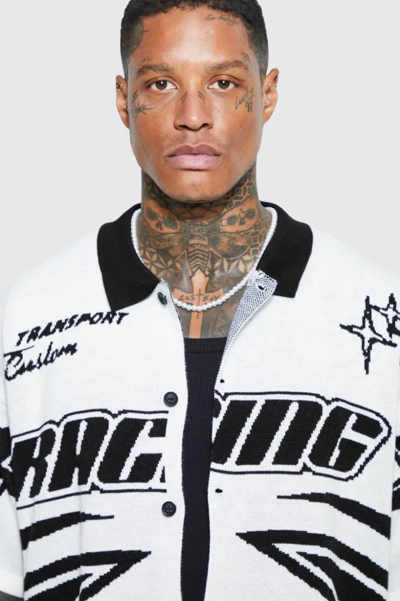 Discount boohooMAN Boxy Fit Knitted Moto Shirt white