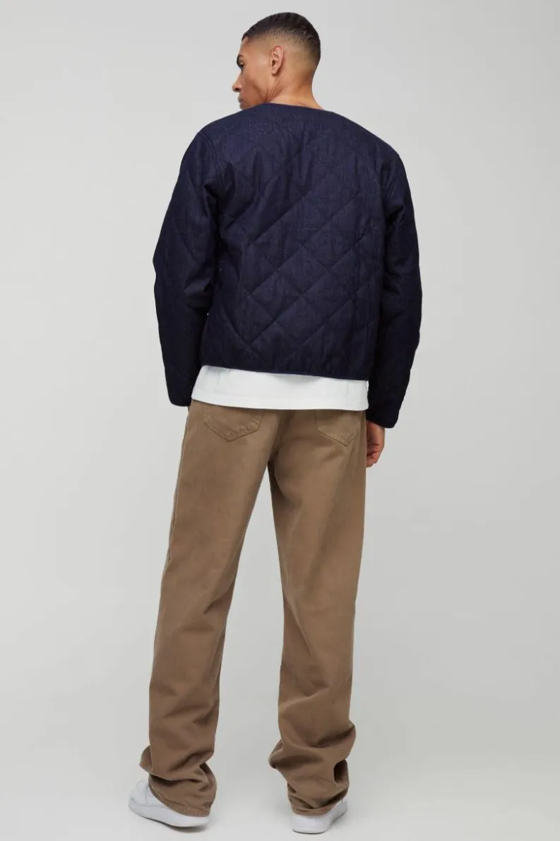 Shop boohooMAN Boxy Fit Quilted Collarless Denim Jacket indigo