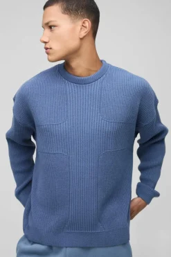 Clearance boohooMAN Boxy Fit Ribbed Cross Crew Neck Knitted Jumper blue