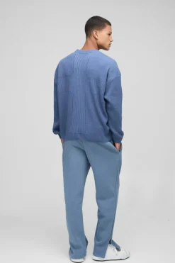 Clearance boohooMAN Boxy Fit Ribbed Cross Crew Neck Knitted Jumper blue