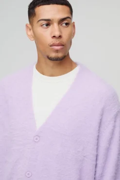 Online boohooMAN Boxy Fit Super Fluffy Knitted Cardigan lilac