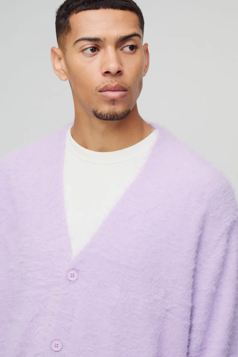 Online boohooMAN Boxy Fit Super Fluffy Knitted Cardigan lilac