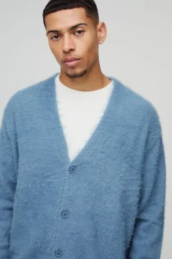 Store boohoo Boxy Fit Super Fluffy Knitted Cardigan Tracksuit slate blue