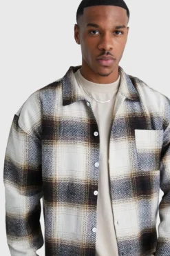 Cheap boohooMAN Boxy Flannel Check Shirt stone