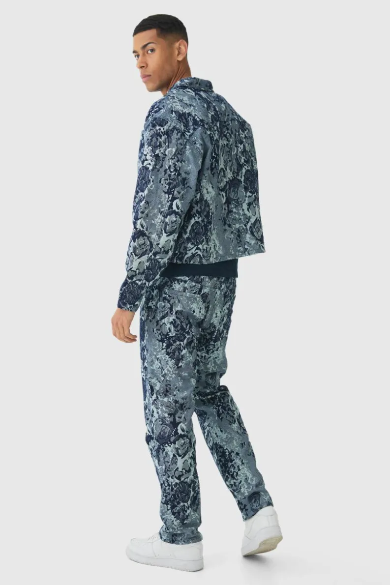 Fashion boohooMAN Boxy Floral Jacquard Denim Jacket mid blue