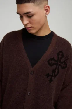 Clearance boohooMAN Boxy Fluffy Crosses Knitted Cardigan brown